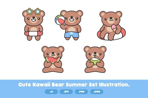 Download Cute Kawaii Bear Summer Clipart Set - Summer clipart set Collection