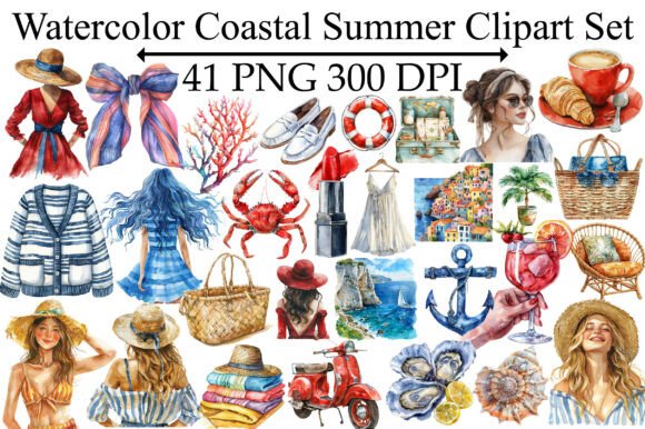 Download Watercolor Coastal Summer Clipart Set - Summer clipart set Collection